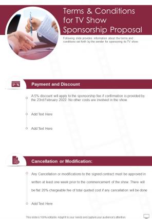 Terms And Conditions For TV Show Sponsorship Proposal One Pager Sample Example Document