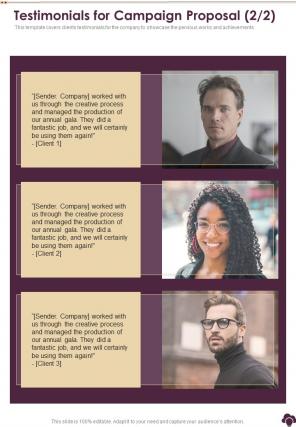 Testimonials For Campaign Proposal One Pager Sample Example Document