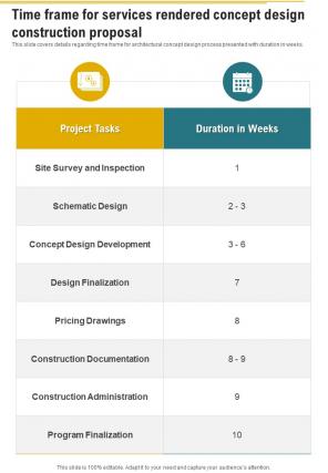 Time Frame For Services Rendered Concept Design Construction Proposal One Pager Sample Example Document