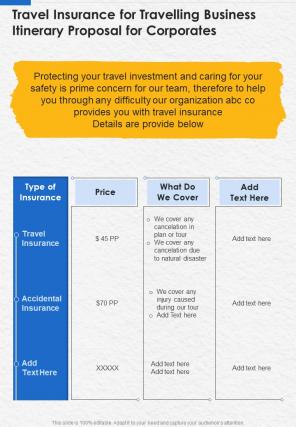 Travel Insurance For Travelling Business Itinerary Proposal Corporates One Pager Sample Example Document