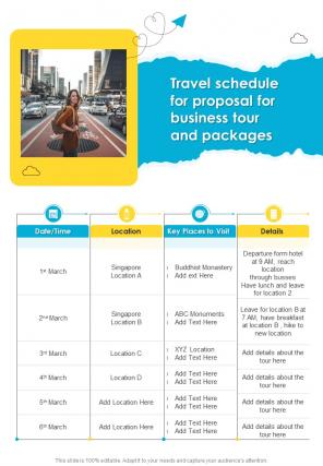 Travel Schedule For Proposal For Business Tour And Packages One Pager Sample Example Document