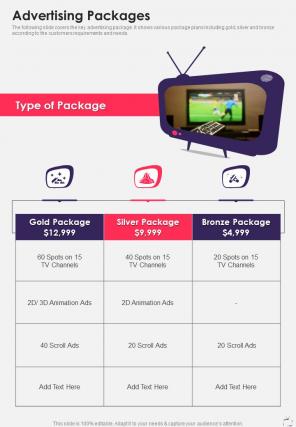 Tv Advertisement Service Proposal Advertising Packages One Pager Sample Example Document