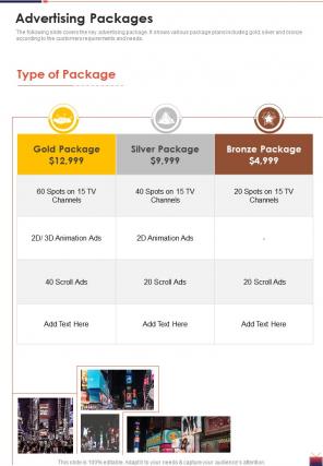 TV Advertising Proposal Advertising Packages One Pager Sample Example Document