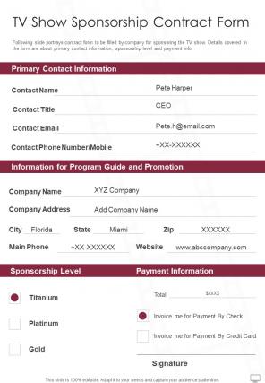 TV Show Sponsorship Contract Form One Pager Sample Example Document