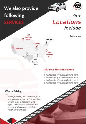 Two page automotive and transportation driving school brochure template
