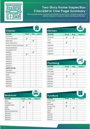Two story home inspection checklist in one page summary presentation report infographic ppt pdf document