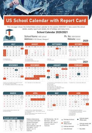 Us school calendar with report card presentation infographic ppt pdf document