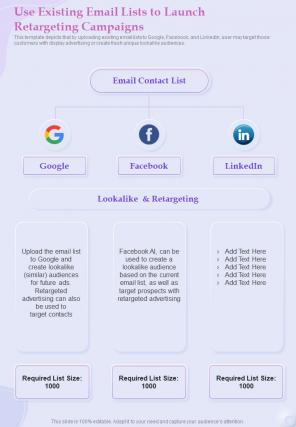 Use Existing Email Lists To Launch Retargeting Campaigns One Pager Sample Example Document