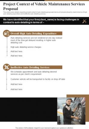 Vehicle Maintenance Services Proposal Of Project Context One Pager Sample Example Document