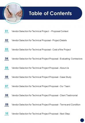 Vendor Selection For Technical Project Proposal Table Of Contents One Pager Sample Example Document