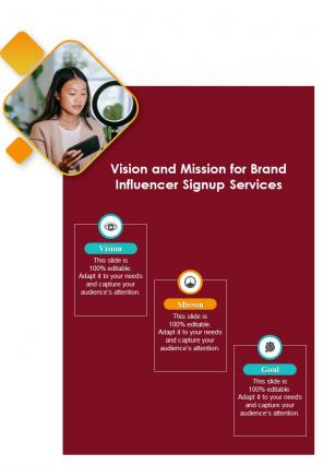Vision And Mission For Brand Influencer Signup Services One Pager Sample Example Document