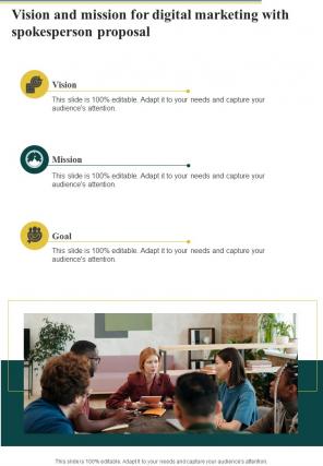 Vision And Mission For Digital Marketing With Spokesperson Proposal One Pager Sample Example Document