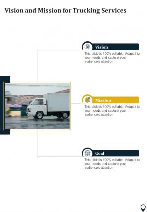 Vision And Mission For Trucking Services One Pager Sample Example Document