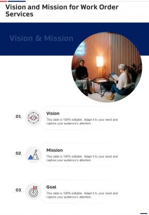 Vision And Mission For Work Order Services One Pager Sample Example Document