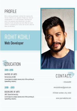 Visual resume design for web developer with skills and work achievements