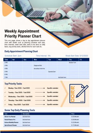 Weekly Appointment Priority Planner Chart Presentation Report Infographic PPT PDF Document