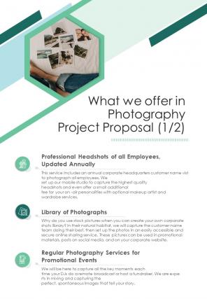 What We Offer In Photography Project Proposal One Pager Sample Example Document