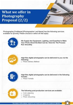 What We Offer In Photography Proposal Corporate Photography Proposal One Pager Sample Example Document