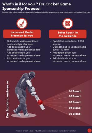 Whats In It For You For Cricket Game Sponsorship Proposal One Pager Sample Example Document