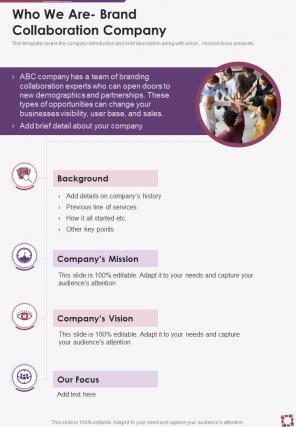 Who We Are Brand Collaboration Company One Pager Sample Example Document