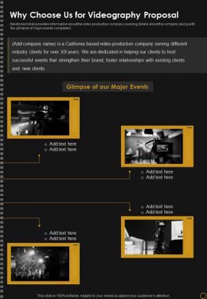 Why Choose Us For Videography Proposal One Pager Sample Example Document