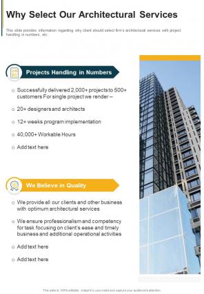 Why Select Our Architectural Services One Pager Sample Example Document