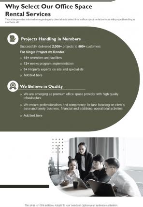 Why Select Our Office Space Rental Services Business Space Lease One Pager Sample Example Document