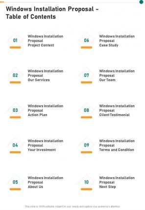 Windows Installation Proposal Table Of Contents One Pager Sample Example Document