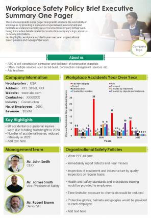 Workplace Safety Policy Brief Executive Summary One Pager Presentation Report Infographic PPT PDF Document