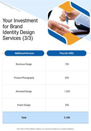 Your Investment For Brand Identity Design Services One Pager Sample Example Document
