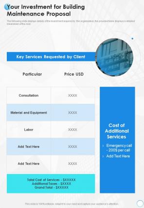 Your Investment For Building Maintenance Proposal One Pager Sample Example Document