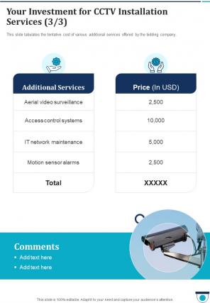 Your Investment For Cctv Installation Services One Pager Sample Example Document