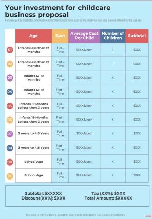 Your Investment For Childcare Business Proposal One Pager Sample Example Document