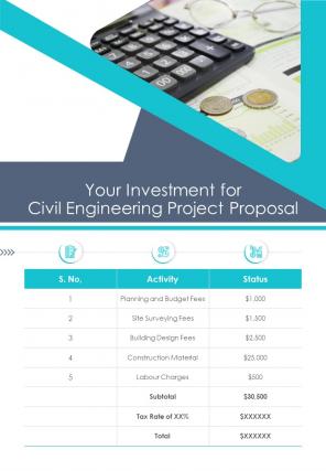 Your Investment For Civil Engineering Project Proposal One Pager Sample Example Document