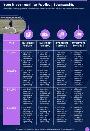 Your Investment For Football Sponsorship One Pager Sample Example Document