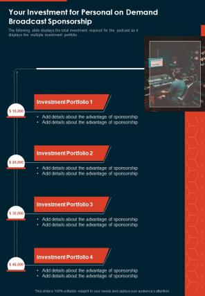 Your Investment For Personal On Demand Broadcast Sponsorship One Pager Sample Example Document
