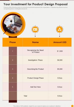 Your Investment For Product Design Proposal One Pager Sample Example Document
