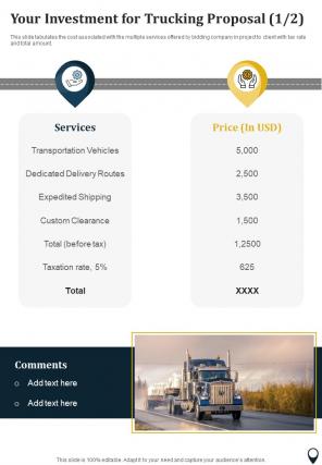 Your Investment For Trucking Proposal One Pager Sample Example Document