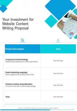 Your Investment For Website Content Writing Proposal One Pager Sample Example Document