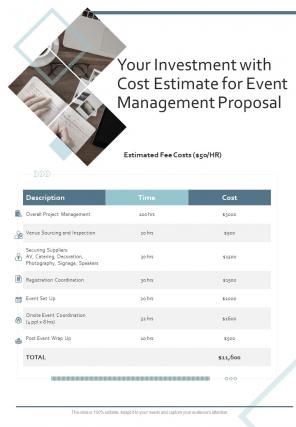Your Investment With Cost Estimate For Event Management Proposal One Pager Sample Example Document