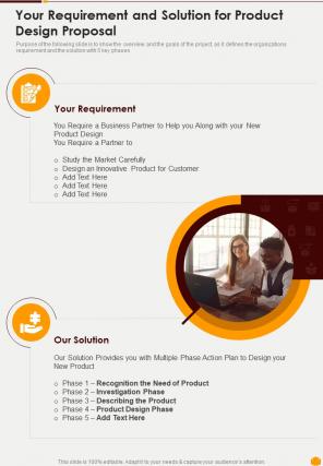 Your Requirement And Solution For Product Design Proposal One Pager Sample Example Document