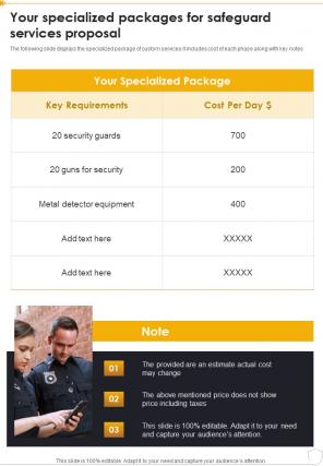 Your Specialized Packages For Safeguard Services Proposal One Pager Sample Example Document