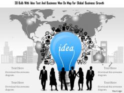 0115 3d bulb with idea text and business men on map for global business growth powerpoint template