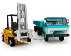 0115 3d graphic of forklift and blue truck stock photo