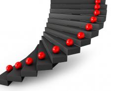 0115 3d red balls on black stairs stock photo