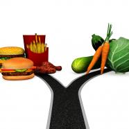 0115 two way decision for healthy and junk food stock photo