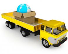 0115 yellow truck and globe in carton stock photo