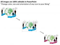 0814 global communication with globe in the middle and customers with mobile devices ppt slides