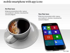 0814 mobile smartphone with app icons on screen and coffee cup lying on white background graphics for powerpoint