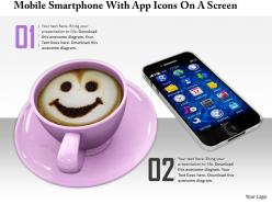 0814 mobile smartphone with icon on screen and coffee cup on white background graphics for powerpoint